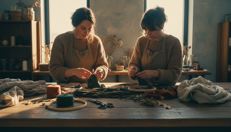 Two makers working with thread at a workshop table in low window light